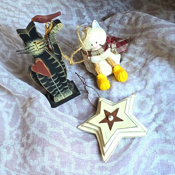 PRIMITIVE Rustic Cat Decor Fall Holiday Ornaments Lot of 3 Star - Picture 7 of 7